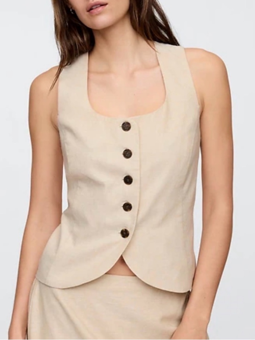NEW Gap Linen Button Front Vest Top Tie Back Tortoise Button Up Tan Beige Large